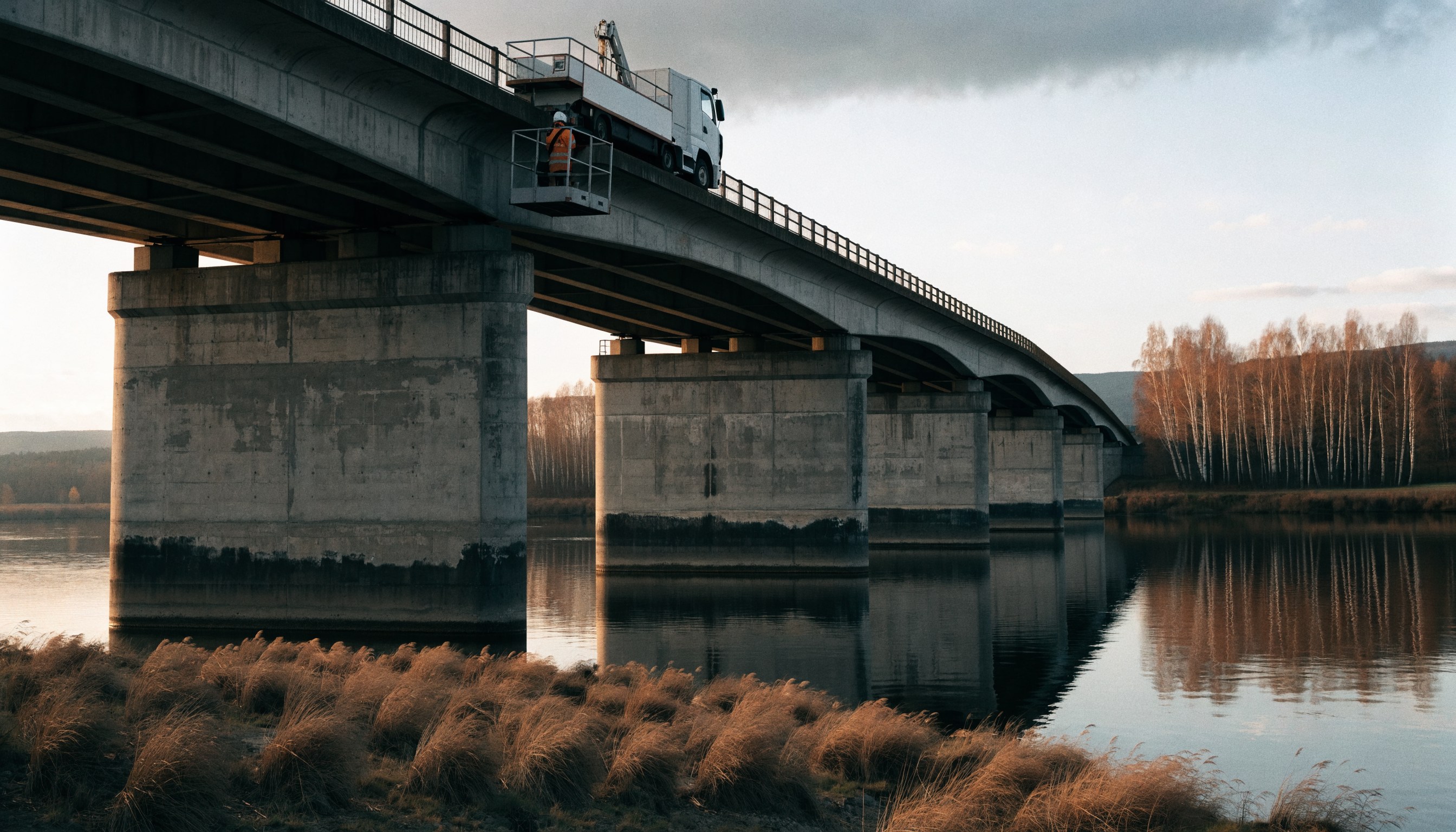 Straßenbrücke über einen Fluss mit aufgebautem Brückenuntersichtgerät im Abendlicht (KI-generierte Aufnahme)
