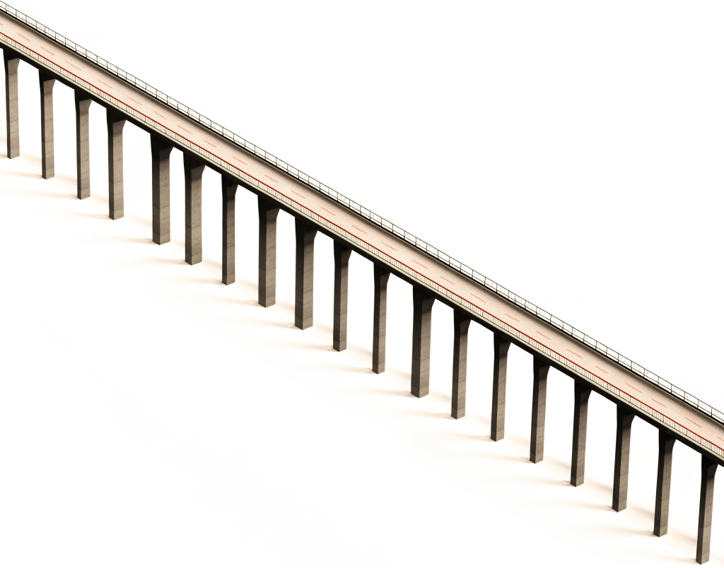 Freigestellter 3D-Render einer Talbrücke: schlanke Betonpfeiler tragen einen Überbau mit Geländer