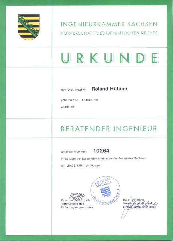 Urkunde der Ingenieurkammer Sachsen: Roland Hübner, eingetragen als Beratender Ingenieur unter der Nummer 10264