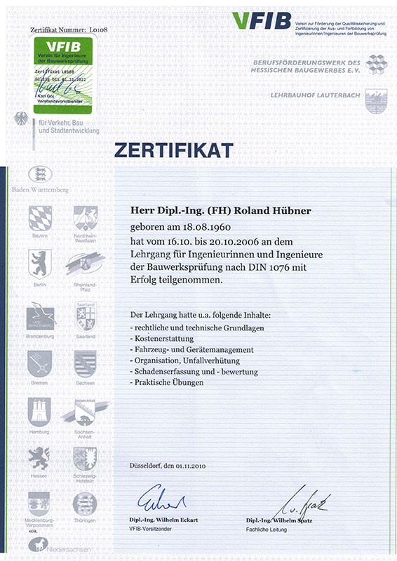 VIFB-Zertifikat über den Lehrgang für Ingenieure der Bauwerksprüfung nach DIN 1076